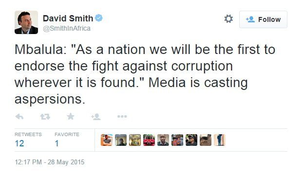David Smith on Twitter Mbalula As a nation we will be the first to endorse the fight against corruption wherever it is found. Media is casting aspersions. - Google Chrome 2015-05-28 014812 PM.bmp